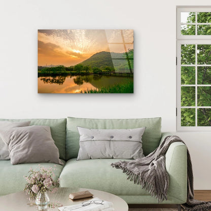 Golden Sunrise Lake Bridge Reflection Acrylic Glass Printing Wall Art Australian Made Quality