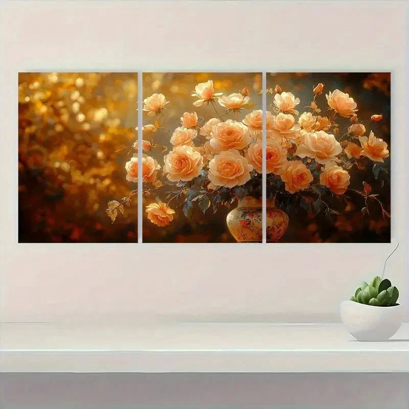 3pcs Elegant Golden Rose Floral Art T    Wall Art Set Canvas Framed 40x60cm - High Quality Print 100% Australian Made Wall Canvas Ready to Hang