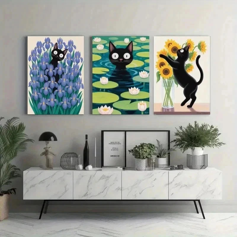 3pcs Black Cat Canvas  Pop Art Style  wall Art Set Canvas Framed 50x70cm - High Quality Print 100% Australian Made Wall Canvas Ready to Hang - Bella Home Decor