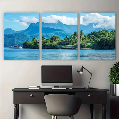 3pcs Blue Mountains Caribbean Travel Wall Art Set Canvas Framed 40x60cm - High Quality Print 100% Australian Made Wall Canvas Ready to Hang - Bella Home Decor