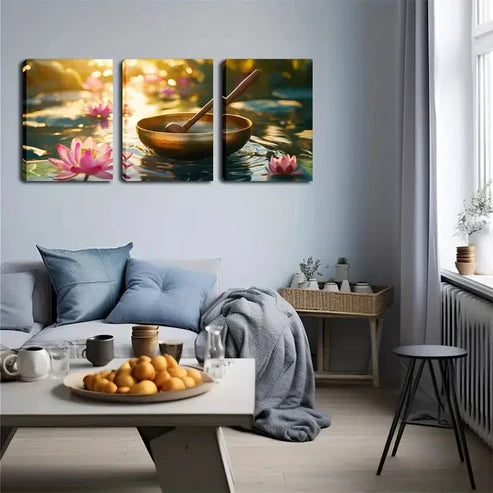 3pcs Golden Bowl and Wooden Spoon on Water Wall Art Set Canvas Unframed - High Quality Print 100% Australian Made Wall Canvas - Bella Home Decor