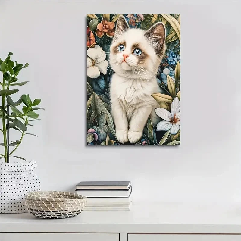 Cute Ragdoll Kitten with Flowers & Plants Painting 40x60cm Metal Print Ready to Hang - Bella Home Decor