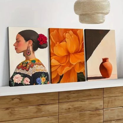 3pcs Mexican Art Marigold Mexican Woman Portrait Wall Art Canvas Unframed - High Quality Print 100% Australian Made Wall Canvas