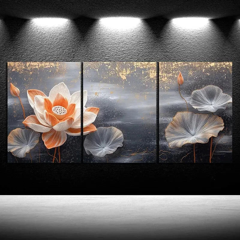 3pcs Water Lily Trio Orange and Gray Metal Print Ready to Hang Art - Bella Home Decor