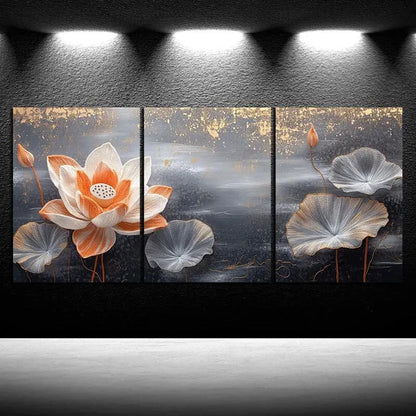 3pcs Water Lily Trio Orange and Gray Metal Print Ready to Hang Art - Bella Home Decor