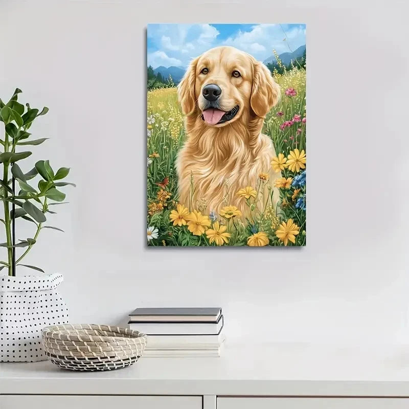 Golden Retriever Floral Adorable Golden Painting 40x60cm Metal Print Ready to Hang - Bella Home Decor