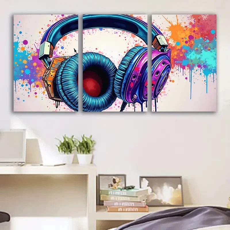 3pcs Headphones With Colored Paint Wall Art Set Canvas Framed 40x60cm - High Quality Print 100% Australian Made Wall Canvas Ready to Hang
