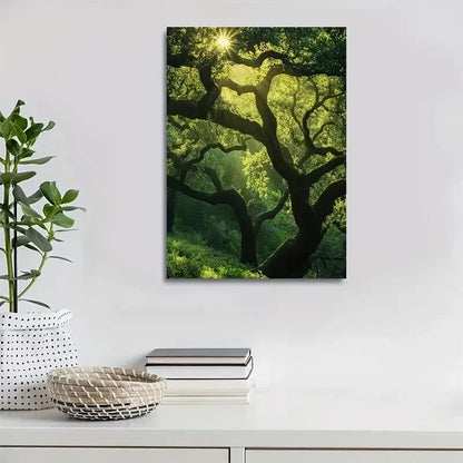 Vibrant Green Leaves & Sunlit Canopy Painting 40x60cm Metal Print Ready to Hang - Bella Home Decor