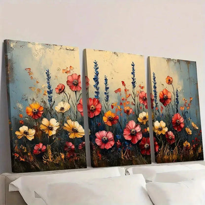 3pcs Vintage Wildflower Red Yellow Pink Wall Art Set Canvas Framed 60x90cm - High Quality Print 100% Australian Made Wall Canvas Ready to Hang