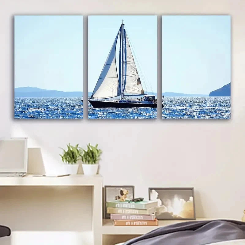 3pcs Sailboat Sailing On Ocean Blue & White Wave Wall Art Set Canvas Framed 60x90cm - High Quality Print 100% Australian Made Wall Canvas Ready to Hang