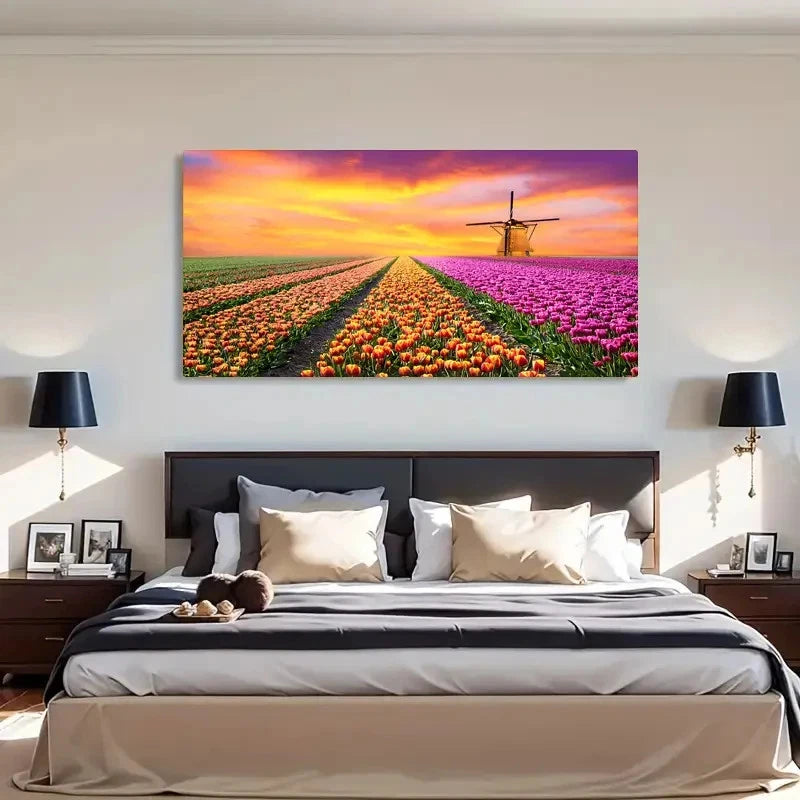 Vibrant Tulip Sea & Sunrise Wall Art Canvas Office Home Room Framed 120x60cm - Bella Home Decor