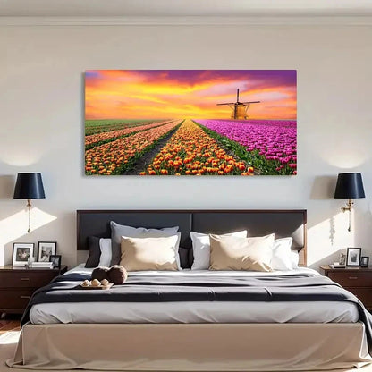 Vibrant Tulip Sea & Sunrise Wall Art Canvas Office Home Room Framed 120x60cm - Bella Home Decor
