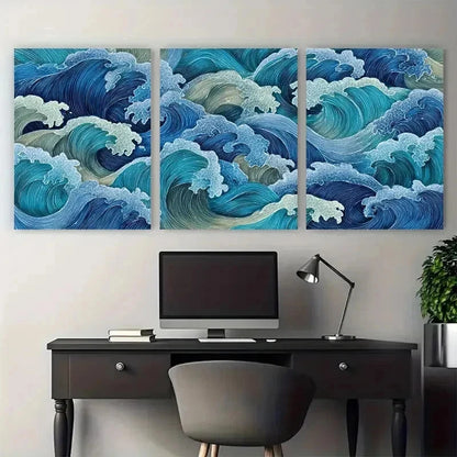 3pcs Very Demure Mindful Blue Coastal Perfect Wall Art Set Canvas Framed 50x70cm - High Quality Print 100% Australian Made Wall Canvas Ready to Hang