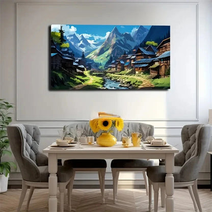 Traditional Houses And River Wall Art Canvas Office Home Room Framed 120x60cm.