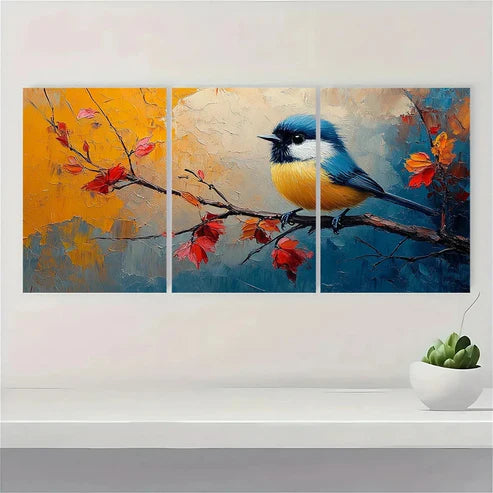 3pcs Vibrant Abstract Chickadee Bird  Wall Art Set Canvas Unframed - High Quality Print 100% Australian Made Wall Canvas