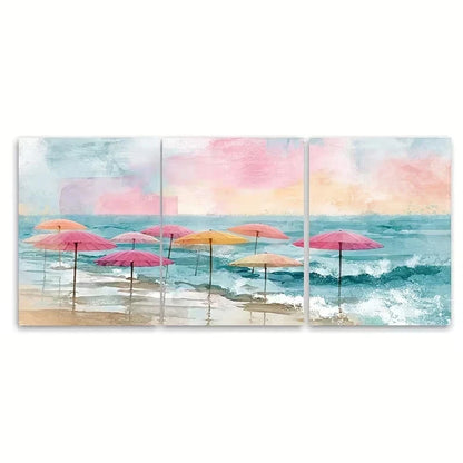 3pcs Pink Umbrellas & Ocean Waves Wall Art Set Canvas Framed 50x70cm - High Quality Print 100% Australian Made Wall Canvas Ready to Hang