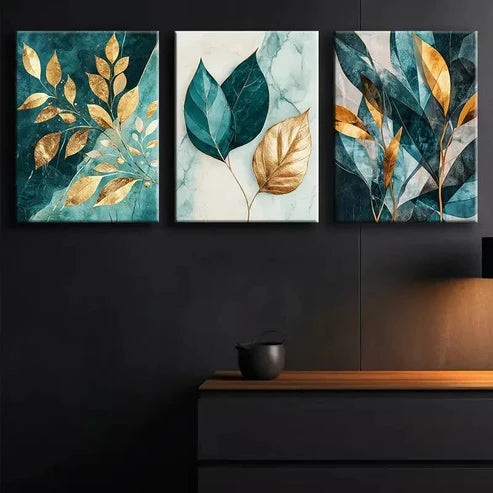 3pcs Teal and Gold Leaf Nature Beauty Perfect Wall Art Set Canvas Unframed - High Quality Print 100% Australian Made Wall Canvas