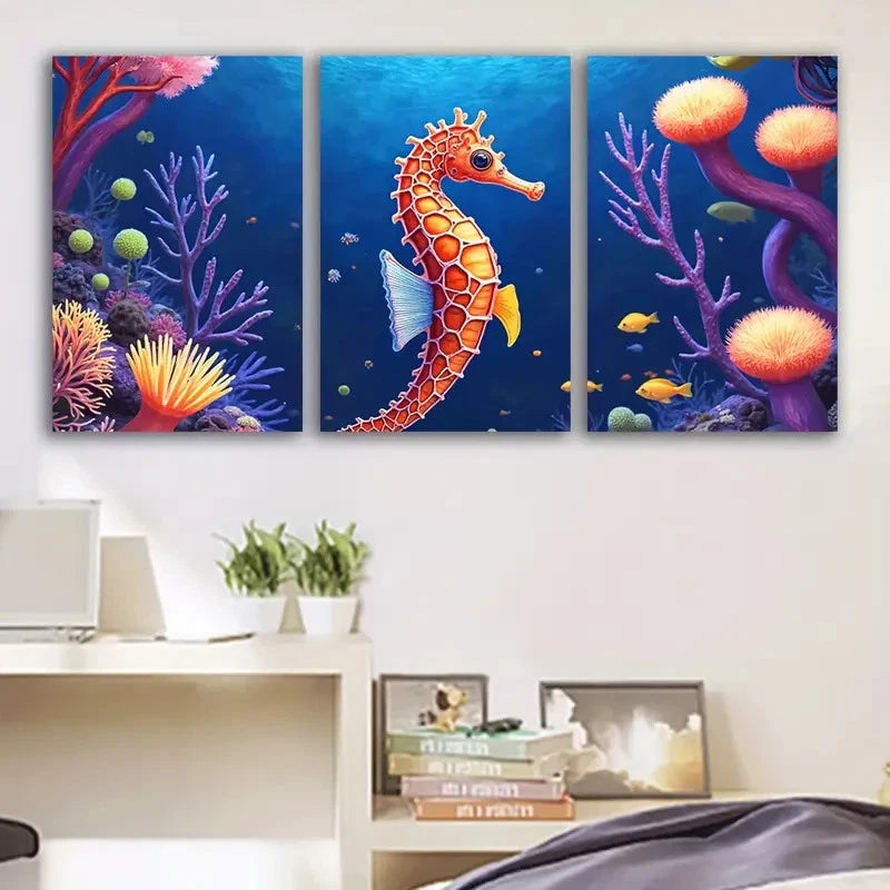 3pcs Seahorse Swimming In Underwater Coral Reef Wall Art Set Canvas Framed 50x70cm - High Quality Print 100% Australian Made Wall Canvas Ready to Hang