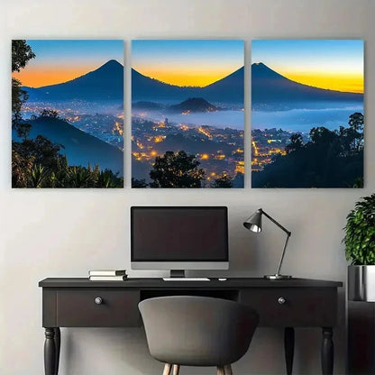 3pcs Guatemala Cityscape & Volcano Sun Perfect Wall Art Set Canvas Framed 50x70cm - High Quality Print 100% Australian Made Wall Canvas Ready to Hang