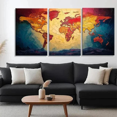 3pcs Colorful World Map for Office Perfect Wall Art Set Canvas Unframed - High Quality Print 100% Australian Made Wall Canvas - Bella Home Decor