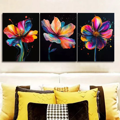 3 PCS A Colorful Flower Black Background Wall Art Set Canvas Unframed - High Quality Print 100% Australian Made Wall Canvas - Bella Home Decor