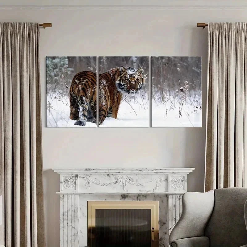 3pcs Tiger in Snow Animal Print Decor Wall Art Set Canvas Framed 50x70cm - High Quality Print 100% Australian Made Wall Canvas Ready to Hang