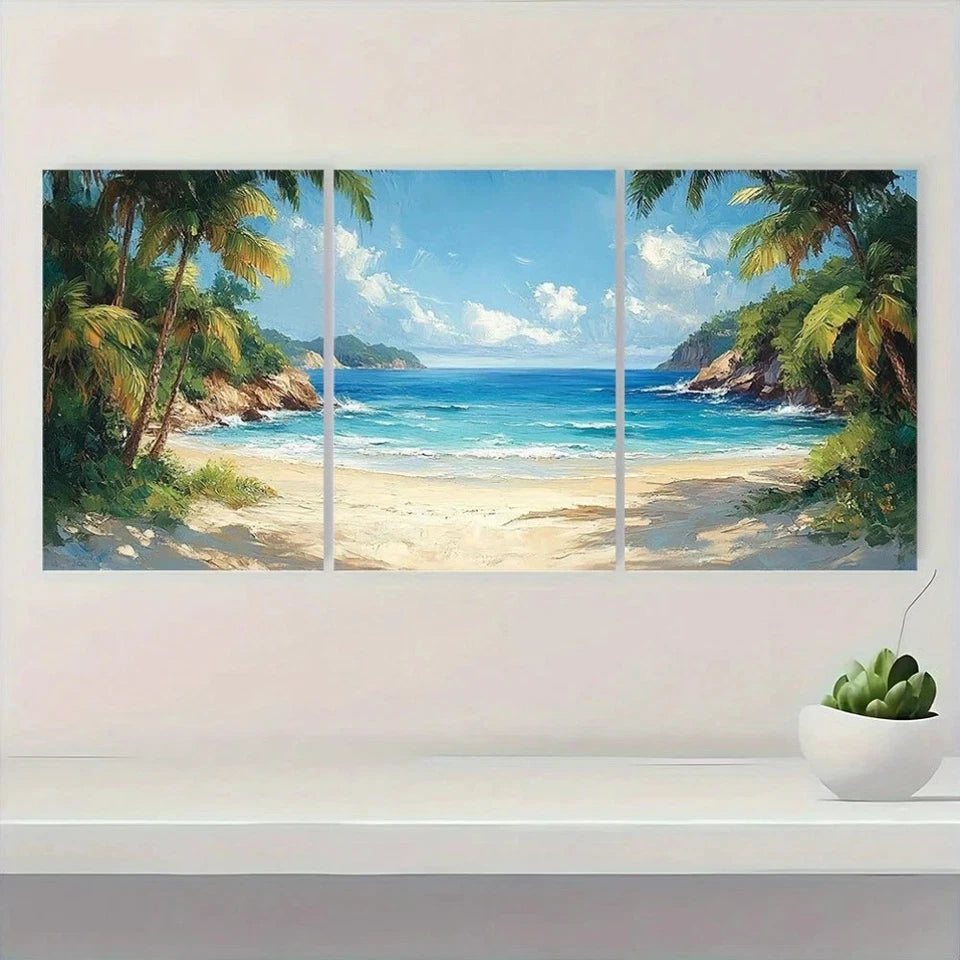 3pcs Tropical Sandy Beach View Greenery Scene Wall Art Set Canvas Framed 50x70cm - High Quality Print 100% Australian Made Wall Canvas Ready to Hang - Bella Home Decor