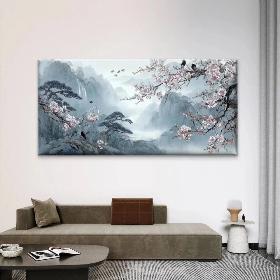Plum Blossom & Misty Mountains Wall Art Canvas Office Home Room Framed 120x60cm