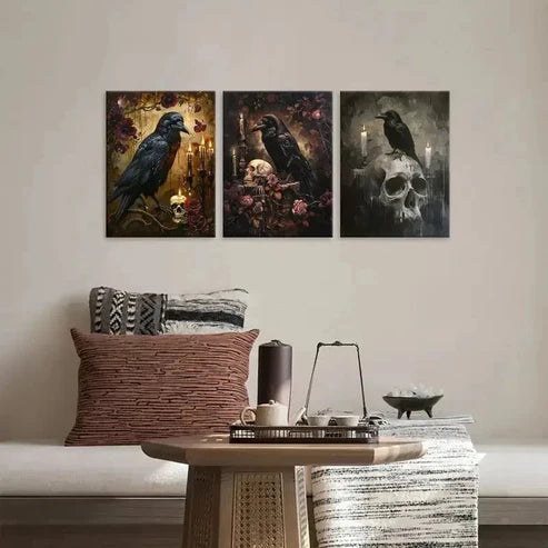 3pcs Crow Skull Wall Art Canvas Wall Art Canvas Unframed - High Quality Print 100% Australian Made Wall Canvas - Bella Home Decor