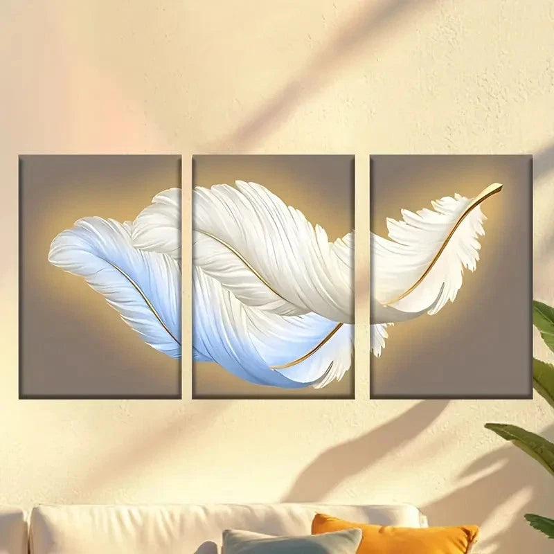 3pcs  Golden Feather Wall Decor with Soft Glow  Wall Art Set Canvas Framed 50x70cm - High Quality Print 100% Australian Made Wall Canvas Ready to Hang - Bella Home Decor