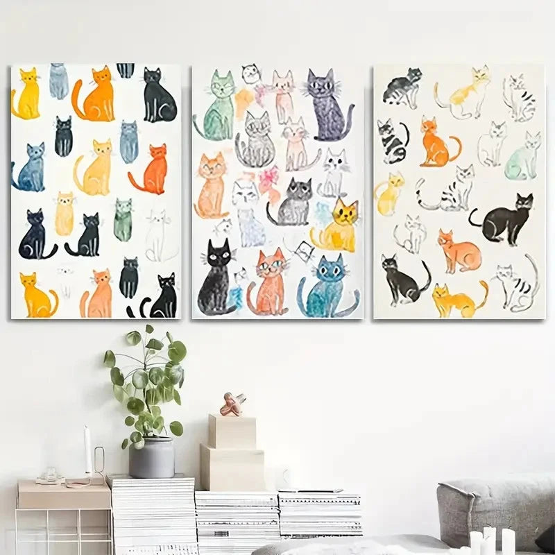 3pcs Cat Cartoon Colorful Cat Illustrations    Wall Art Canvas Framed 40x60cm - High Quality Print 100% Australian Made Wall Canvas Ready to Hang - Bella Home Decor