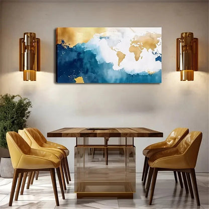 World Map Design Golden Accent Wall Art Canvas Office Home Room Framed 120x60cm - Bella Home Decor