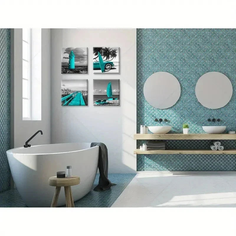 4pcs Frame Beach Wall Art Canvas Framed