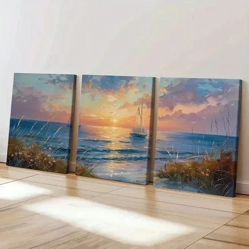 3pcs Golden Hour Sky Calm Sea and Wildflowers  Wall Art Set Canvas Unframed - High Quality Print 100% Australian Made Wall Canvas - Bella Home Decor
