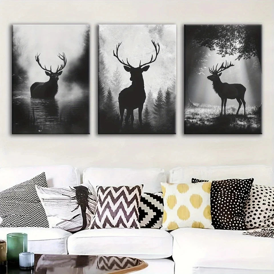 3pcs Forest Deer Black and White Metal Print Ready to Hang Art - Bella Home Decor