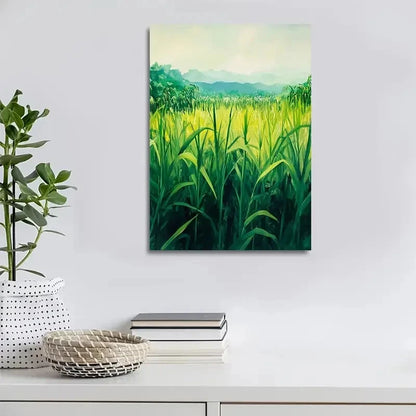 Vibrant Green Sugarcane Meadow Painting 40x60cm Metal Print Ready to Hang - Bella Home Decor
