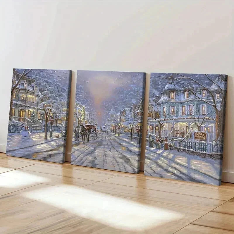 3pcs Snowy Town Scene with Horse Drawn Carriage Wall Art Set Canvas Framed 40x60cm - High Quality Print 100% Australian Made Wall Canvas Ready to Hang - Bella Home Decor