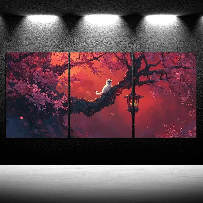 3pcs The Cat On The Cherry Blossom Tree Metal Print Ready to Hang Art - Bella Home Decor