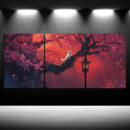 3pcs The Cat On The Cherry Blossom Tree Metal Print Ready to Hang Art - Bella Home Decor