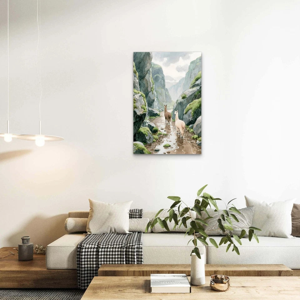 Watercolour Alpaca Mountain Valley Landscape 40x60cm Metal Print Ready to Hang