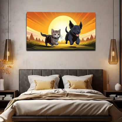 Vibrant Cat & Dog Running Wall Art Canvas Office Home Room Framed 120x60cm