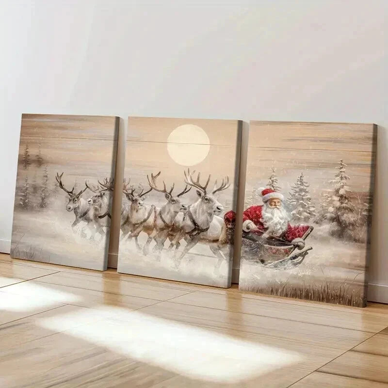 3pcs Santa Claus Reindeer Sleigh Moonlight Wall Art Set Canvas Framed 50x70cm - High Quality Print 100% Australian Made Wall Canvas Ready to Hang - Bella Home Decor