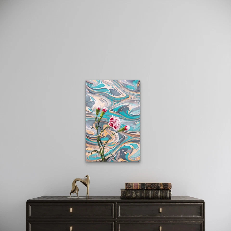 Pink & Green Abstract Floral Design Metal Print Ready to Hang