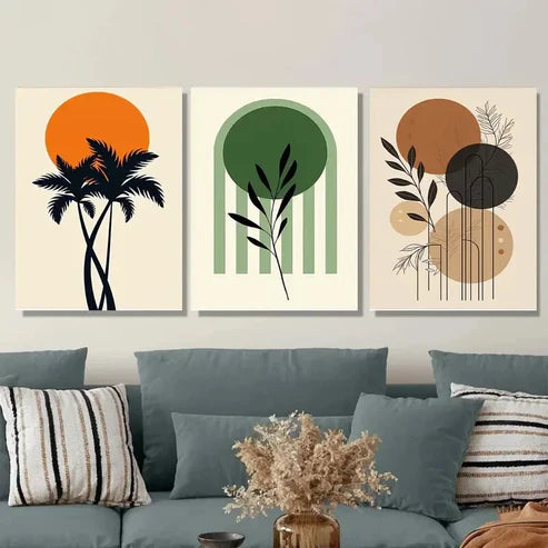 3pcs Tropical Palm Tree, Green Leaves Orange Wall Art Set Canvas Unframed - High Quality Print 100% Australian Made Wall Canvas