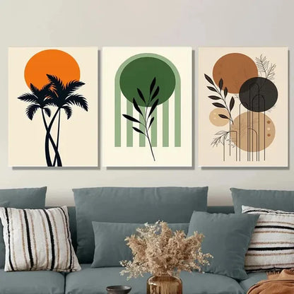 3pcs Tropical Palm Tree, Green Leaves Orange Wall Art Set Canvas Unframed - High Quality Print 100% Australian Made Wall Canvas