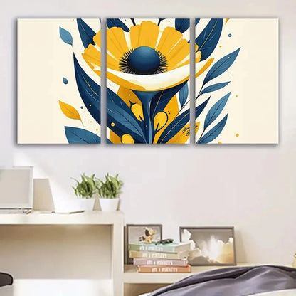 3pcs Yellow & Blue Floral Abstract Design Wall Art Set Canvas Framed 50x70cm - High Quality Print 100% Australian Made Wall Canvas Ready to Hang