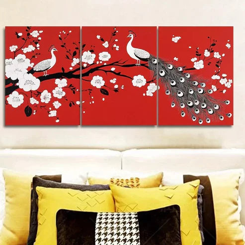 3 PCS Modern Peacock & Floral Design Wall Art Set Canvas Unframed - High Quality Print 100% Australian Made Wall Canvas - Bella Home Decor