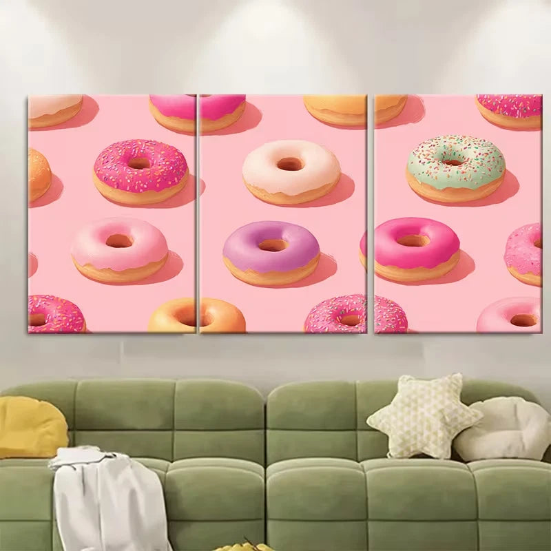 3pcs Pink Donut Kitchen Retro Breakfast Metal Print Ready to Hang Art