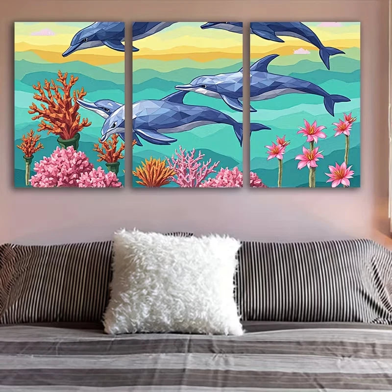 3pcs Joyful Blue Dive Dolphins Wall Art Set Canvas Framed 40x60cm – High Quality Print 100% Australian Made Wall Canvas Ready to Hang