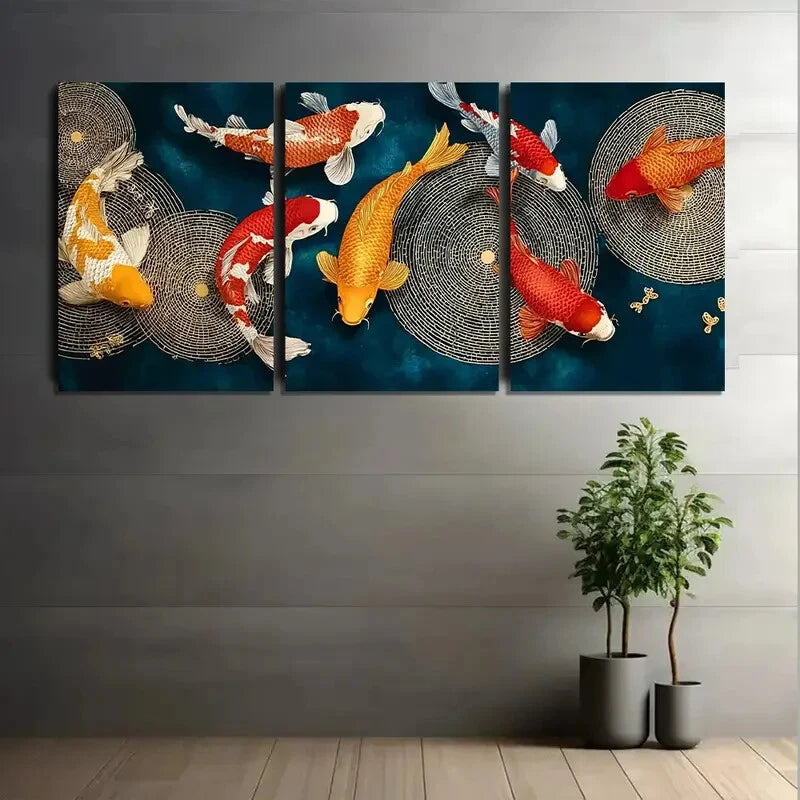3pcs Koi Fish Vibrant Orange White Blue Metal Print Ready to Hang Art - Bella Home Decor
